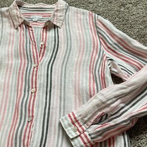 J. Jill Love Linen Essential Shirt Stripes Button Up Long Sleeve 100% Linen sz M
